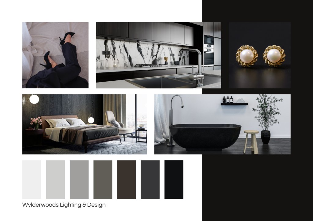 Dark feminine mood board showcasing black interiors, a black freestanding tub, white marble with bold black veining, and a woman in heels, evoking elegance and sophistication