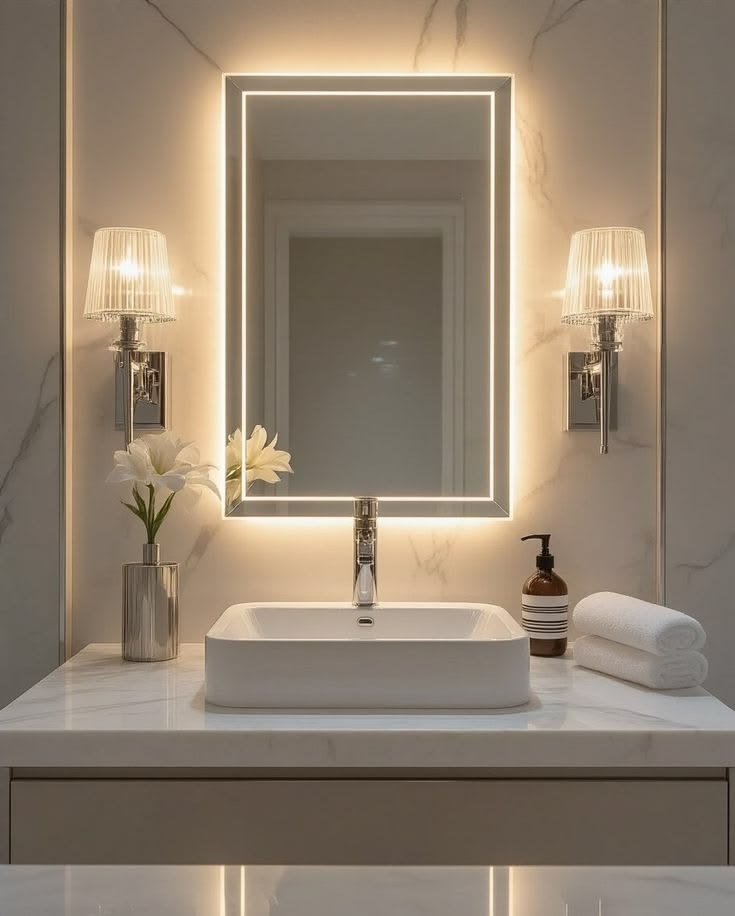 backlit mirror with layered lighting